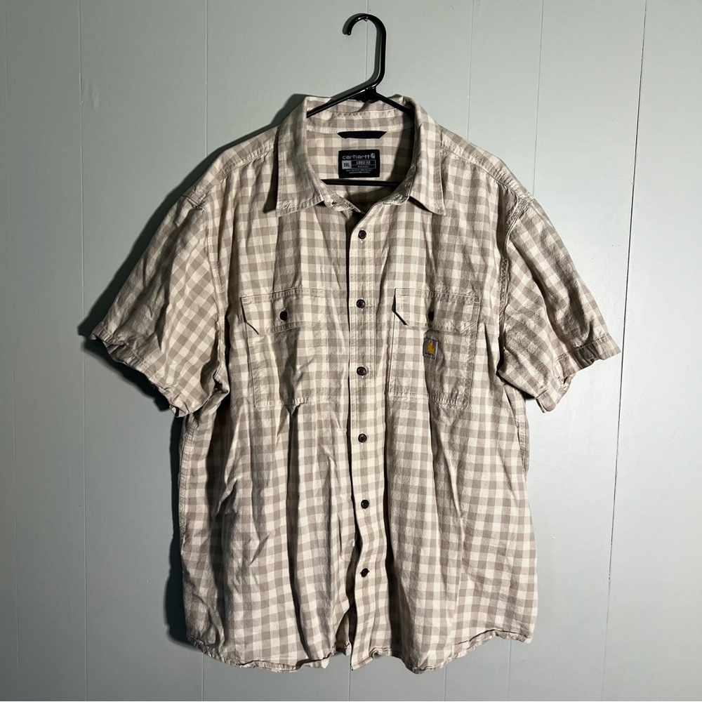 Carhartt Men’s 2XL Loose Fit Short Sleeve Plaid Button Up Work Shirt Tan Cotton